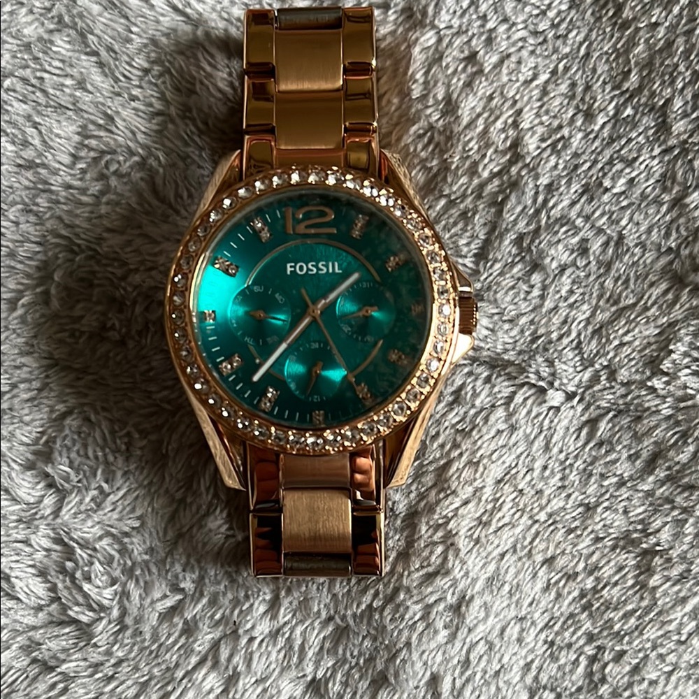 Fossil Gold and Green Watch with Crystal Bezel